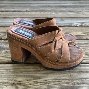 Bongo Vintage 90s Y2K Leather Platform Wooden Block Heel Sandals Womens 8 Chunky